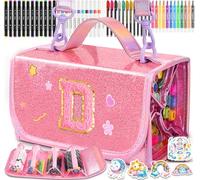 SHXWELL 69 PCS Initial Washable Scented Markers Set with Glitte Pencil Case Shoulder Strap, Personalized Art Supplies and Crafts for Kids Ages 4-6-8, Birthday Gifts for Girls Coloring Markers Set(D)