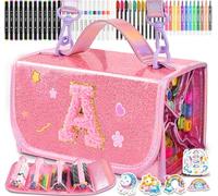 SHXWELL 69 PCS Initial Washable Scented Markers Set with Glitte Pencil Case Shoulder Strap, Personalized Art Supplies and Crafts for Kids Ages 4-6-8, Birthday Gifts for Girls Coloring Markers Set (A)