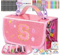 SHXWELL 69 PCS Initial Washable Scented Markers Set with Glitte Pencil Case Shoulder Strap, Personalized Art Supplies and Crafts for Kids Ages 4-6-8, Birthday Gifts for Girls Coloring Markers Set(S)