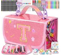 SHXWELL 69 PCS Initial Washable Scented Markers Set with Glitte Pencil Case Shoulder Strap, Personalized Art Supplies and Crafts for Kids Ages 4-6-8, Birthday Gifts for Girls Coloring Markers Set (T)