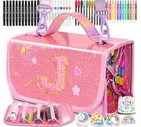 SHXWELL 69 PCS Initial Washable Scented Markers Set with Glitte Pencil Case Shoulder Strap, Personalized Art Supplies and Crafts for Kids Ages 4-6-8, Birthday Gifts for Girls Coloring Markers Set (J)