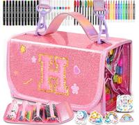 SHXWELL 69 PCS Initial Washable Scented Markers Set with Glitte Pencil Case Shoulder Strap, Personalized Art Supplies and Crafts for Kids Ages 4-6-8, Birthday Gifts for Girls Coloring Markers Set (H)