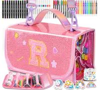 SHXWELL 69 PCS Initial Washable Scented Markers Set with Glitte Pencil Case Shoulder Strap, Personalized Art Supplies and Crafts for Kids Ages 4-6-8, Birthday Gifts for Girls Coloring Markers Set (R)