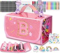 SHXWELL 69 PCS Initial Washable Scented Markers Set with Glitte Pencil Case Shoulder Strap, Personalized Art Supplies and Crafts for Kids Ages 4-6-8, Birthday Gifts for Girls Coloring Markers Set (B)