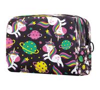 Shy Happy Unicorn Colorful Planet Pink Black Cosmetic Bag for Women, Travel Toiletries Bags Large Makeup Handy Pouch Organiser Bag with Zipper
