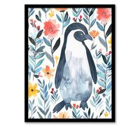 Shy Penguin in Flower Garden Bright Floral Framed Wall Art Artery8 Blue W12 inch x H16 inch