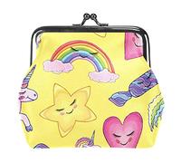 Shy Unicorn Rainbow Stars Heart Candy Yellow Coin Purse Vintage Pouch Buckle Clutch Bag Kiss-Lock Change Purse Clasp Closure Wallets for Women Girl