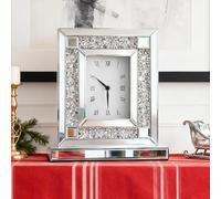 SHYFOY Desk Clock Mirrored, Decorative Table Clock with Crushed Diamond 13.2x11.8 Luxury Rectangular Crystal Clock with Glass Beveled, Silent Non-Ticking Silver for Living Room Bedroom Office