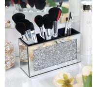 SHYFOY Mirrored Makeup Brush Holder Organizer, 3 Slot Glass Cosmetics Brushes Storage Holders with Crystal Crushed Diamond, Cute Pen and Pencil Holder for Desk, Eyeliners Display Case for Vanity