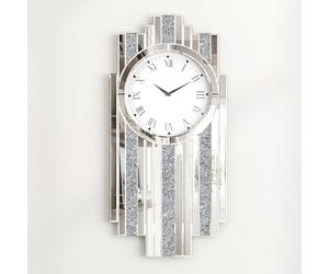 SHYFOY Silver Mirror Wall Clock, Large 72.3x35.1 cm, Crystal Sparkle Design, Modern Frameless Glass, Silent Movement, Diamond Crushed Style, Living Room Home Decor
