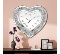 SHYFOY Wall Clock, 24 inch, Silver, Mirror Display, Heart-Shaped, Crushed Diamond Non-Ticking, 5.5 x 59.5 cm, Battery Powered, Living Room Bedroom Dining Room Decor