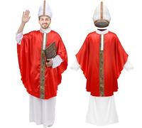 shyhand Adult Pope Costume Priest Biblical Catholic Bishop Robe Red Papal Poncho Hat Halloween Cosplay Outfit for Men