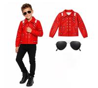 shyhand Deluxe Pop Star Red jacket Kids, 80s Rockstar Costume Fancy Dress Disco Musician Outfits Sunglasses for Performance Party (Red Jacket, X-Large)
