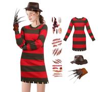 shyhand Freddy Krueger Costume Women 6 PCS Freddy Sweater with Glove Hat Tattoo Stickers Nightmare Killer Costume for Halloween (X-Large)