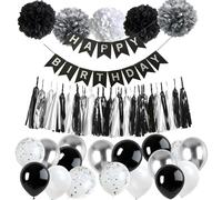 Shyhfdc Black and Silver Happy Birthday Party Decorations, Black Silver White Birthday Party Decorations with Banner, Balloons, Pompoms, Tassels Garland for Women Men Boys Girls