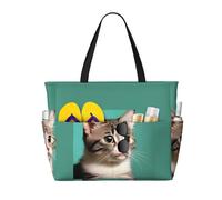 ShyHhts A Curious Cat Large Capacity Beach Travel Bag, Women'S Handbag Is Waterproof And Sandproof, Suitable For Travel, Beach Vacation, Etc., Black, One Size