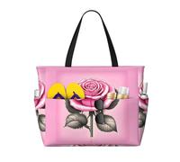 ShyHhts Beautiful Pink Roses Large Capacity Beach Travel Bag, Women'S Handbag Is Waterproof And Sandproof, Suitable For Travel, Beach Vacation, Etc., Black, One Size