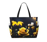 ShyHhts Beautiful Yellow Roses Large Capacity Beach Travel Bag, Women'S Handbag Is Waterproof And Sandproof, Suitable For Travel, Beach Vacation, Etc., Black, One Size