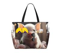 ShyHhts Cute Young Pig Large Capacity Beach Travel Bag, Women'S Handbag Is Waterproof And Sandproof, Suitable For Travel, Beach Vacation, Etc., Black, One Size