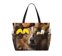 ShyHhts Dog Girl With Flowers Large Capacity Beach Travel Bag, Women'S Handbag Is Waterproof And Sandproof, Suitable For Travel, Beach Vacation, Etc., Black, One Size