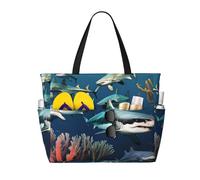 ShyHhts Sharks Under The Sea Large Capacity Beach Travel Bag, Women'S Handbag Is Waterproof And Sandproof, Suitable For Travel, Beach Vacation, Etc., Black, One Size
