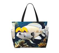 ShyHhts White-Golden Fish Large Capacity Beach Travel Bag, Women'S Handbag Is Waterproof And Sandproof, Suitable For Travel, Beach Vacation, Etc., Black, One Size