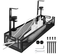 SHYICHENG Under Desk Cable Management Tray No Drill Installation - Metal Mesh Clamp-Mounted Cable Organizer, Rust-Resistant Wire Tray for Home Office, Black