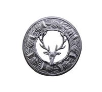 SHYNE KILT FLY PLAID BROOCH LARGE STAG HEAD AND SCROLLING THISTLE BORDER