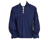 SHYNE KILTS U.K Scottish Navy Blue Jacobite Ghillie Kilt Shirt Leather Cord (Small)