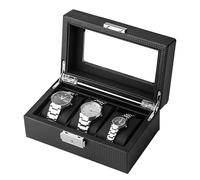 SHYOSUCCE 3 Slots Watches Storage Box with Clear Glass Window, Removable Velvet Pillow, PU Leather Watches Display Box, Black