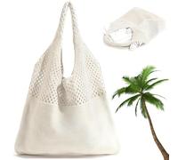 SHYSBV Aesthetic Hand Crocheted Shoulder Bag, Women's Crocheted Mesh Beach Tote Bag, Lightweight Knitted Tote Bag, Beige Knitted Bag, Shoulder Bag, for Holiday, Travel, Spring, Summer and Everyday Use