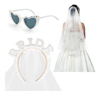 SHYSBV Bride Headband Bride to Be Veil with Pearl Sunglasses,Hen Do Party Accessories Kit,Bride Headband,Be Bride Headband with Sunglasses,Bride Gift for Bridal Shower Wedding Bachelorette Party