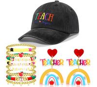 Shyyween 10 Pcs Teacher Outfit Accessories Women, Back to School Teacher Hat Beaded Bracelet and Earrings Jewelry Set Gift, Polymer Clay, Agate