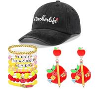 Shyyween 10 Pcs Teacher Outfit Accessories Women, Back to School Teacher Hat Beaded Bracelet and Earrings Jewelry Set Gift, Polymer Clay, Agate