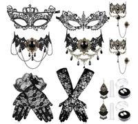 Shyyween 14 Pcs Halloween Gothic Vampire Costume Accessories Women Retro Victorian Princess Jewelry Set Black Vampire Lace Choker Necklace Bracelet Earrings Eye Mask Gloves Teeth for Cosplay Dress up