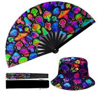 Shyyween 2 Pcs Large Rave Fan and Rave Bucket Hat Set Mushroom Reflective UV Glow Hand Fan Mushroom Hat for Women Men Outfits Disco Dance Party Favor for EDM Music Festival Club Accessories, As Shown