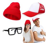Shyyween 3 Pcs Halloween Subway Parkour Sibling Duo Street Runner Costume Accessories Set Red White Trucker Cap Black Oversized Thick Glasses Slouchy Beanie Knit Hat for Couple Friend Halloween Party