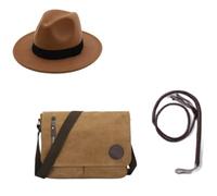 Shyyween 3 Pcs Halloween Vintage Costume Accessories Indiana Cowboy Outfits Including Khaki Brown Whip Hat Canvas Messenger Bag for Men Women