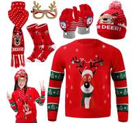 Shyyween 6 Pcs Ugly Christmas Sweater Unisex Set LED Light up Beanie Knit Hat Christmas Scarf Gloves Socks Xmas Glasses Frame, Multicolored, M-L