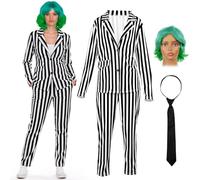 Shyyween Women's Black White Striped Suit Include Blazer Length Pant with Green Wig and Tie for Halloween, Black, White, Green, Medium