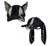 Shyyween Y2K Grunge Hat with Ears Bunny Ear Hat Cat Distressed Denim Baseball Cap Iron Ring Punk Outfit for Women Accessories, Black, One Size