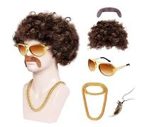 SHZMJL 5 Pcs Men 70s Disco Costume, Adult Disco Halloween Costume includes a Wig,a mustache, a sunglassand 2 Necklaces, Hippie Cosplay Costume