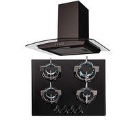 SIA 60cm 4 Burner Black Gas On Glass Hob And Curved Glass Cooker Hood Extractor