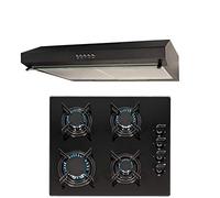 SIA 60cm 4 Burner Black Gas On Glass Hob And Slimline Visor Cooker Hood Fan