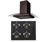 SIA 60cm Black 4 Burner Gas On Glass Hob And Curved Glass Cooker Hood Extractor