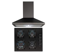 SIA 60cm Black 4 Burner Gas On Glass Hob And Pyramid Chimney Cooker Hood Fan