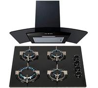 SIA 60cm Black 4 Burner Gas On Glass Hob And Smoked Curved Glass Cooker Hood Fan