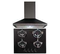 SIA 60cm Black 4 Burner Gas On Glass Hob & Chimney Cooker Hood Extractor Fan