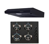 SIA 60cm Black 4 Burner Gas On Glass Hob & Slim Visor Cooker Hood Extractor Fan