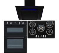 SIA 60cm Black Built In Double Electric Oven, 70cm Gas Hob & Angled Cooker Hood